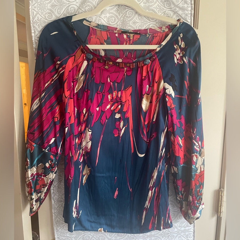 Elie Tahari Blue and Pink Floral Blouse
